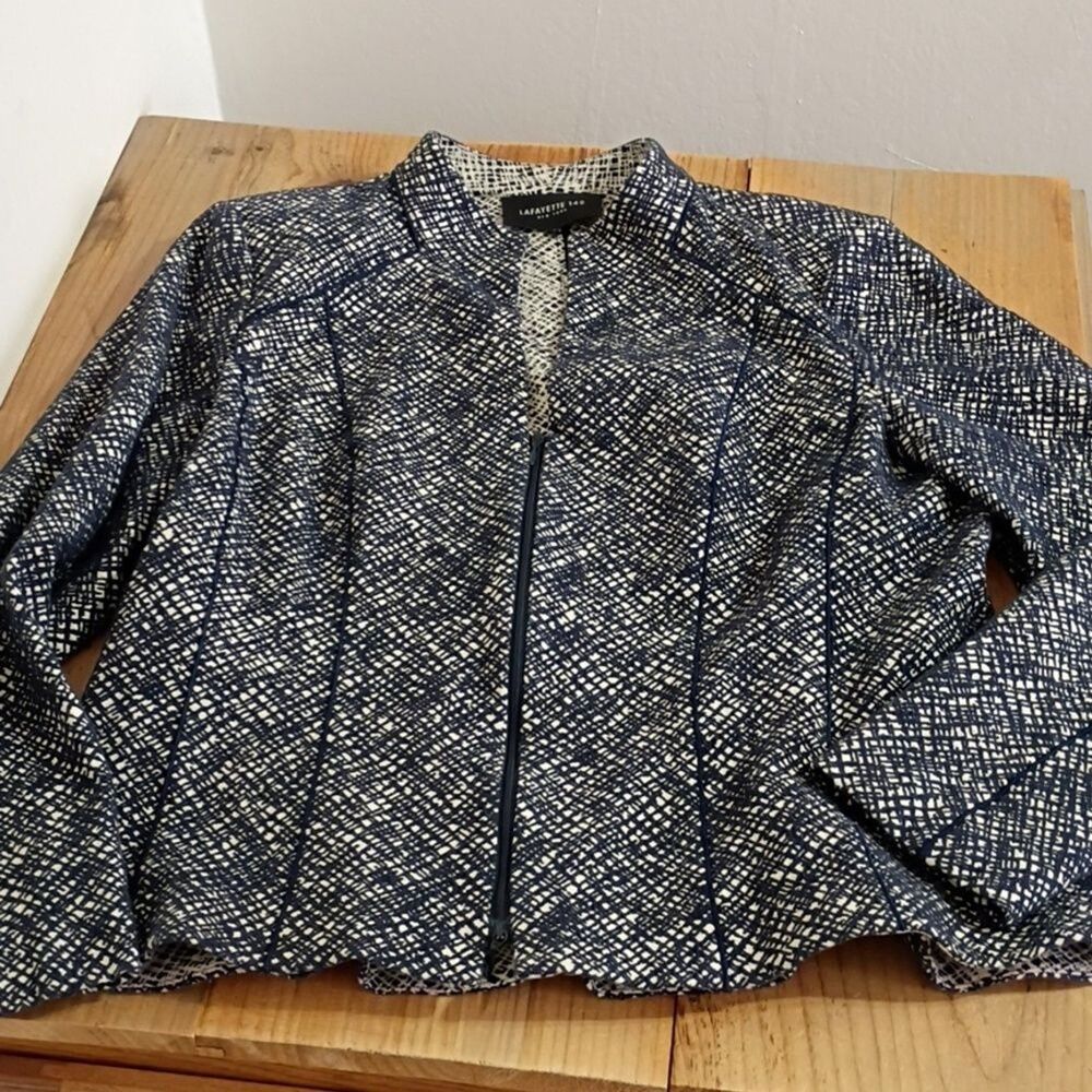 Lafayette 148 New York Blue Textured Zip Front Blazer Women's Jacket Size 18